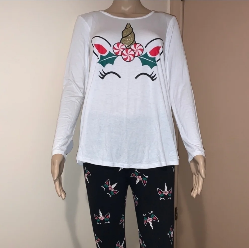 Justice Girls Christmas Holiday Unicorn Long Sleeve Tee Shirt Size 12 EUC